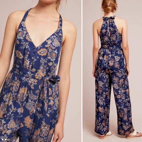 Anthropolgie Etta Twa Paisley Sleeveless Plunging Wide Leg Satin Jumpsuit - Picture 1 of 10